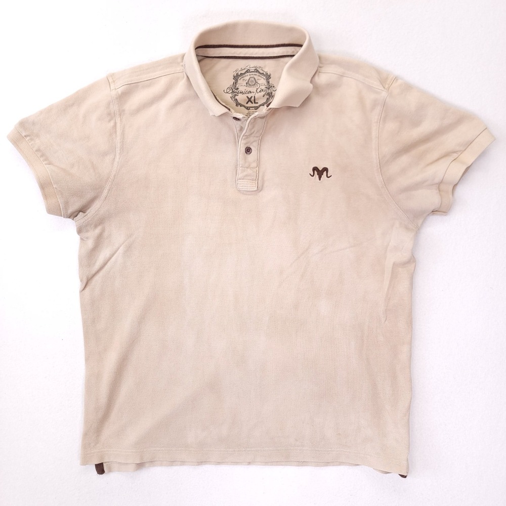 Vintage American Rag Cie Mens XL Polo Shirt Tan Beige Ram Skull‎ Logo Y2K